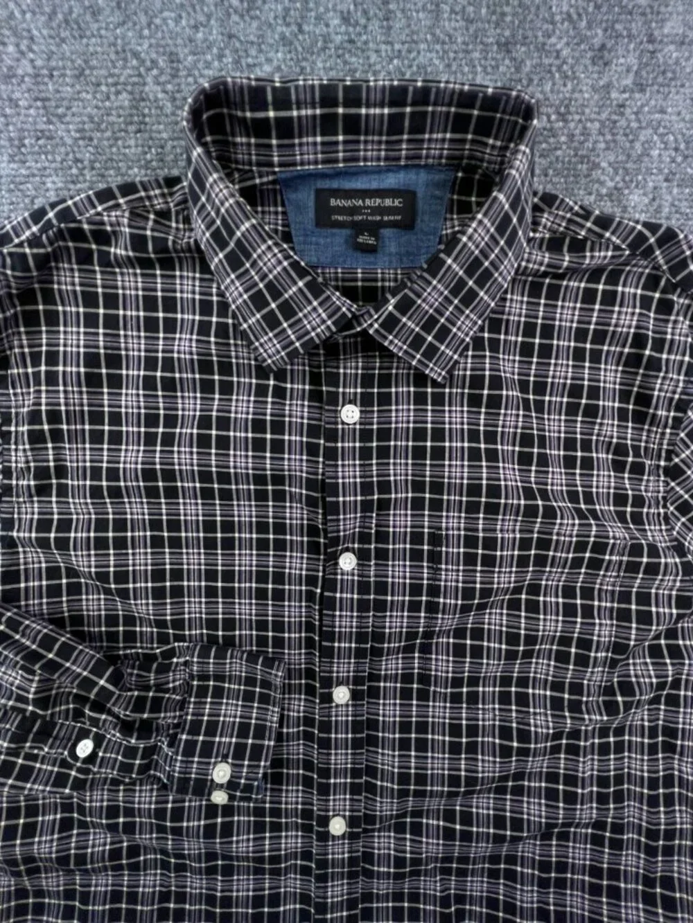 Banana Republic Button Up Shirt Men Large Purple Black Check Stretch Slim